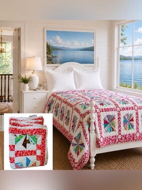 LIKE NEW! Vintage Handmade Patchwork Quilt – Bright Pinwheel Star Pattern Twin